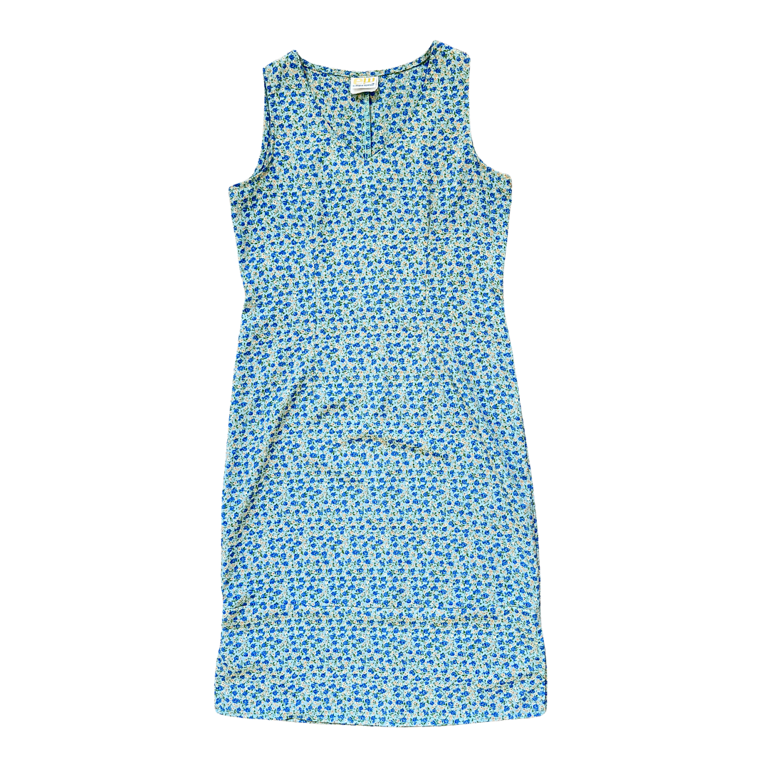 Vintage 1990s E.W. Clothing Green and Blue Floral Shift Dress | Medium