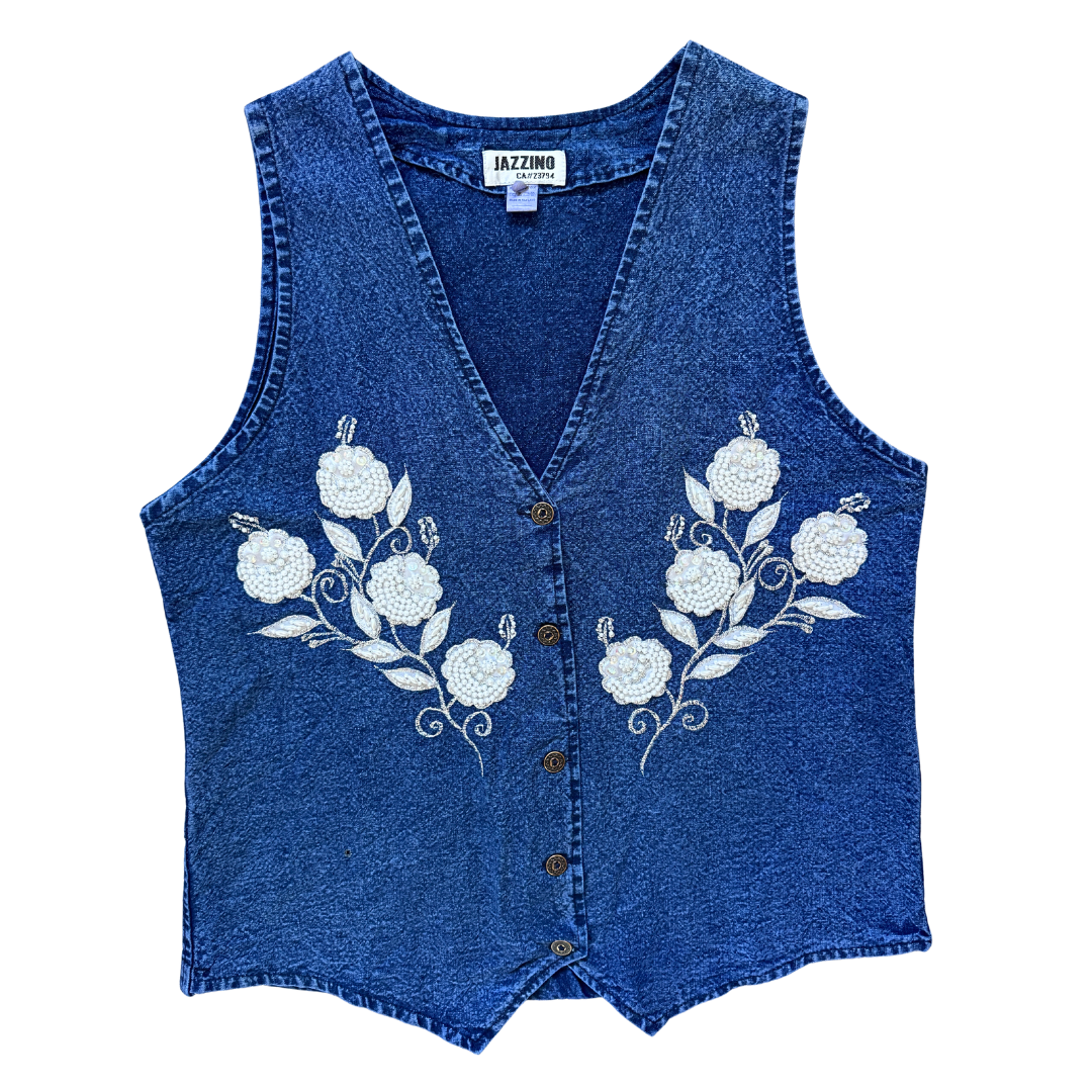 Vintage 1980s-1990s Jazzino Dark Denim Vest with Pearl Floral Applique | Small-Medium