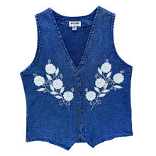 Load image into Gallery viewer, Vintage 1980s-1990s Jazzino Dark Denim Vest with Pearl Floral Applique | Small-Medium
