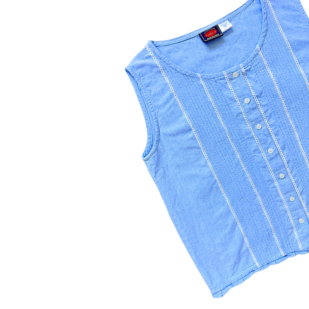 Authentic Chic Baby Blue Pleated Cotton Blouse with Lace Trim | Medium-Large