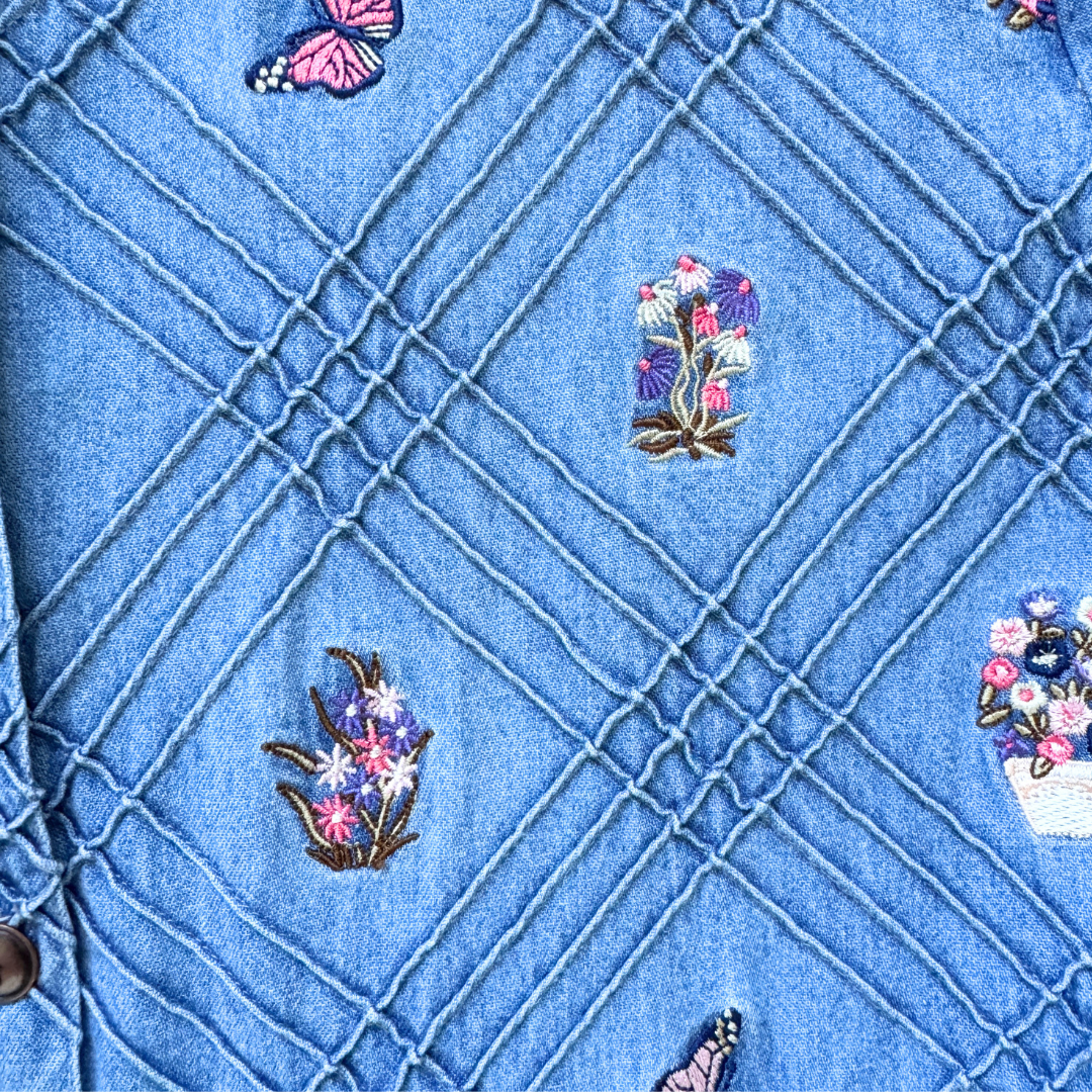 V.I.Petites Denim Maxi Dress with Flowers and Butterflies | Medium
