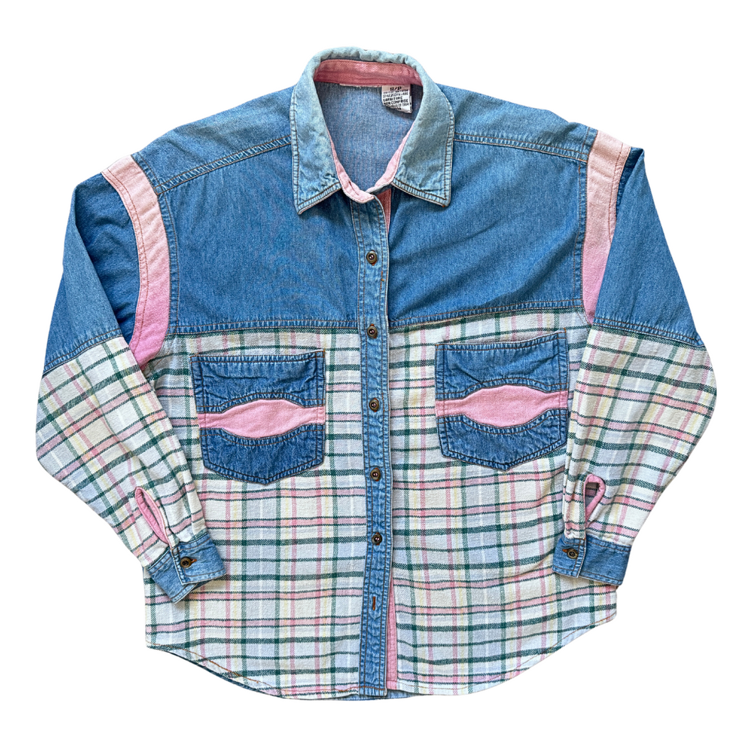 Vintage 1980s-1990s Denim and Pink Flannel Plaid Shirt | Small-Medium