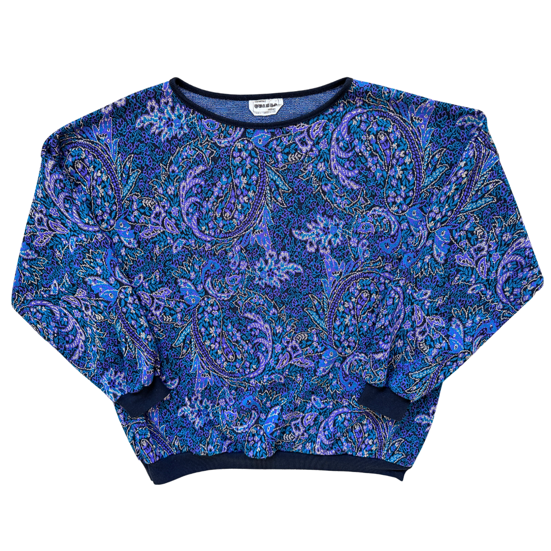 Vintage 1980s Quadra Fashions Purple and Blue Paisley Crewneck Sweater | Large