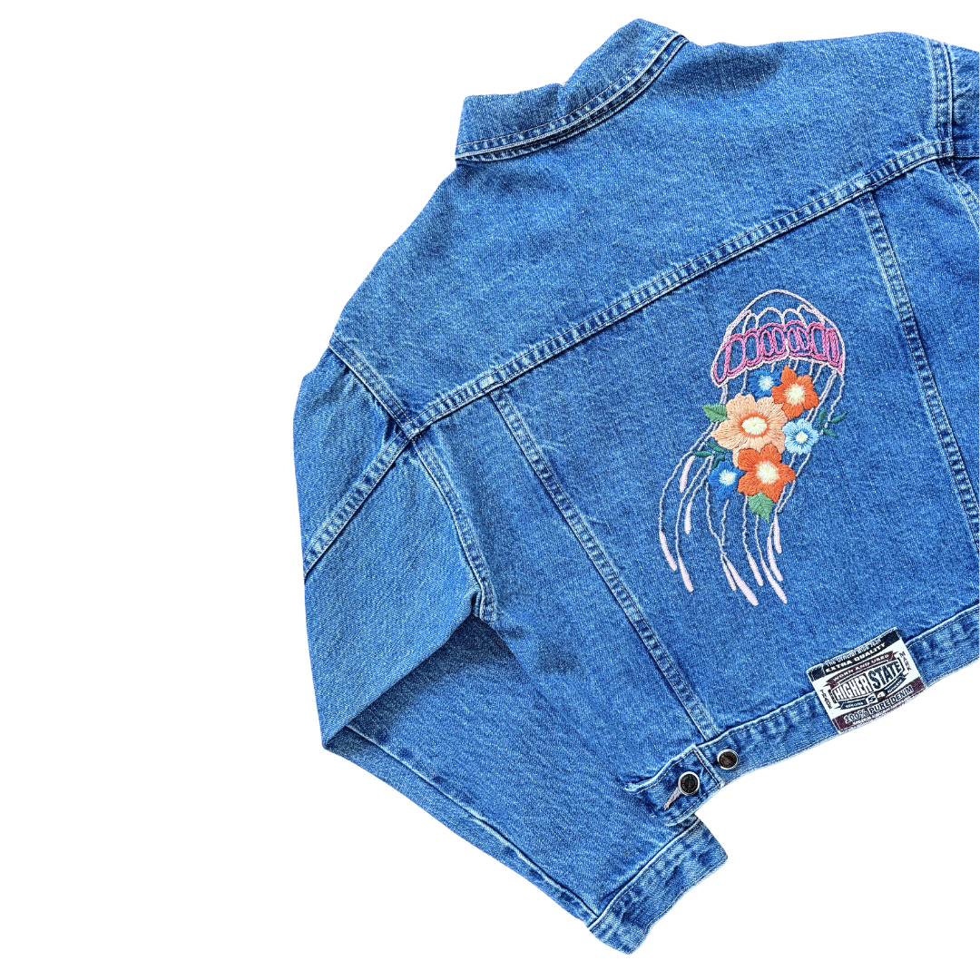 Up-cycled Hand Embroidered Jellyfish Denim Jacket | Medium
