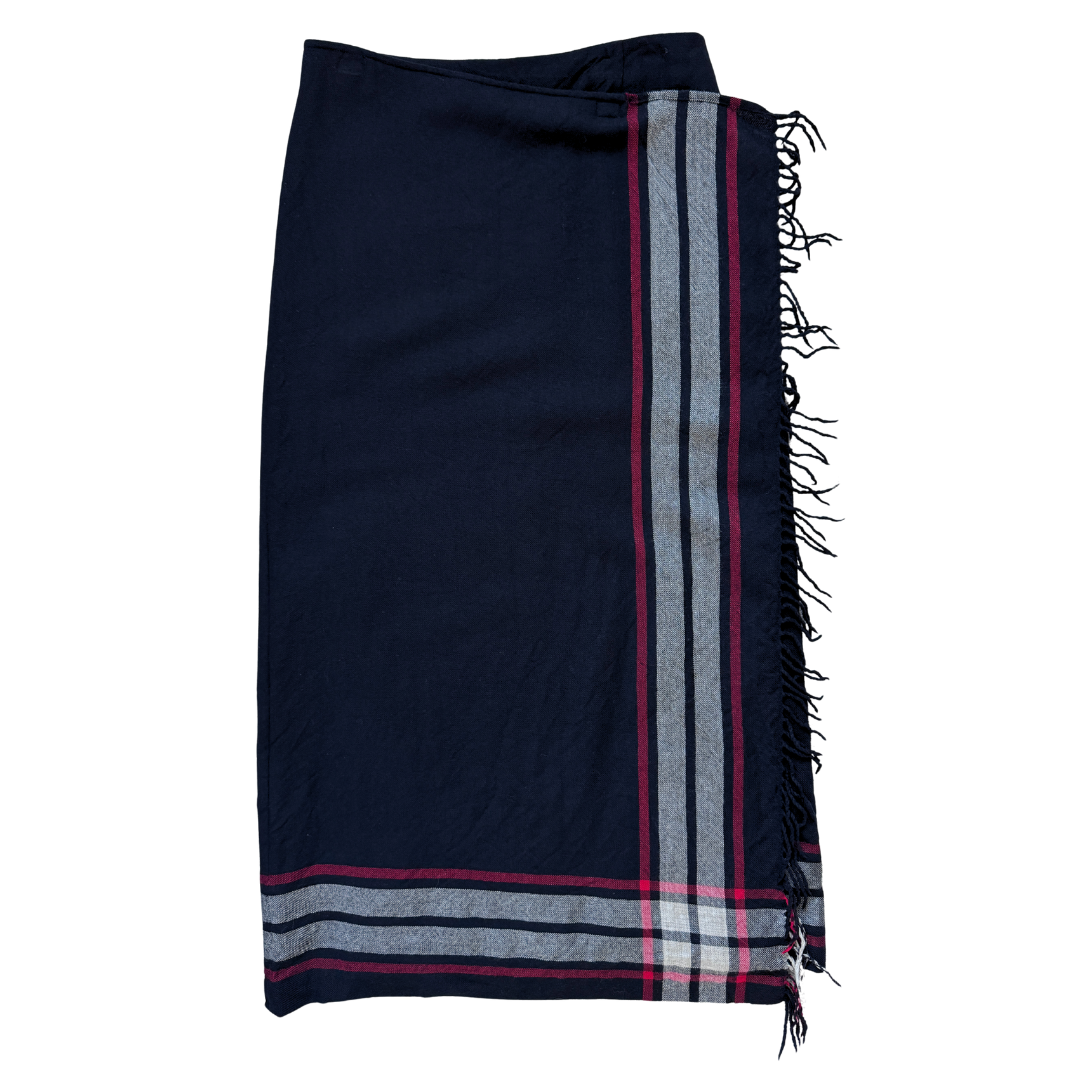 Vintage 1990s Studio Jax Black and Red Plaid Wool Maxi Skirt with Fringe - Medium / Large