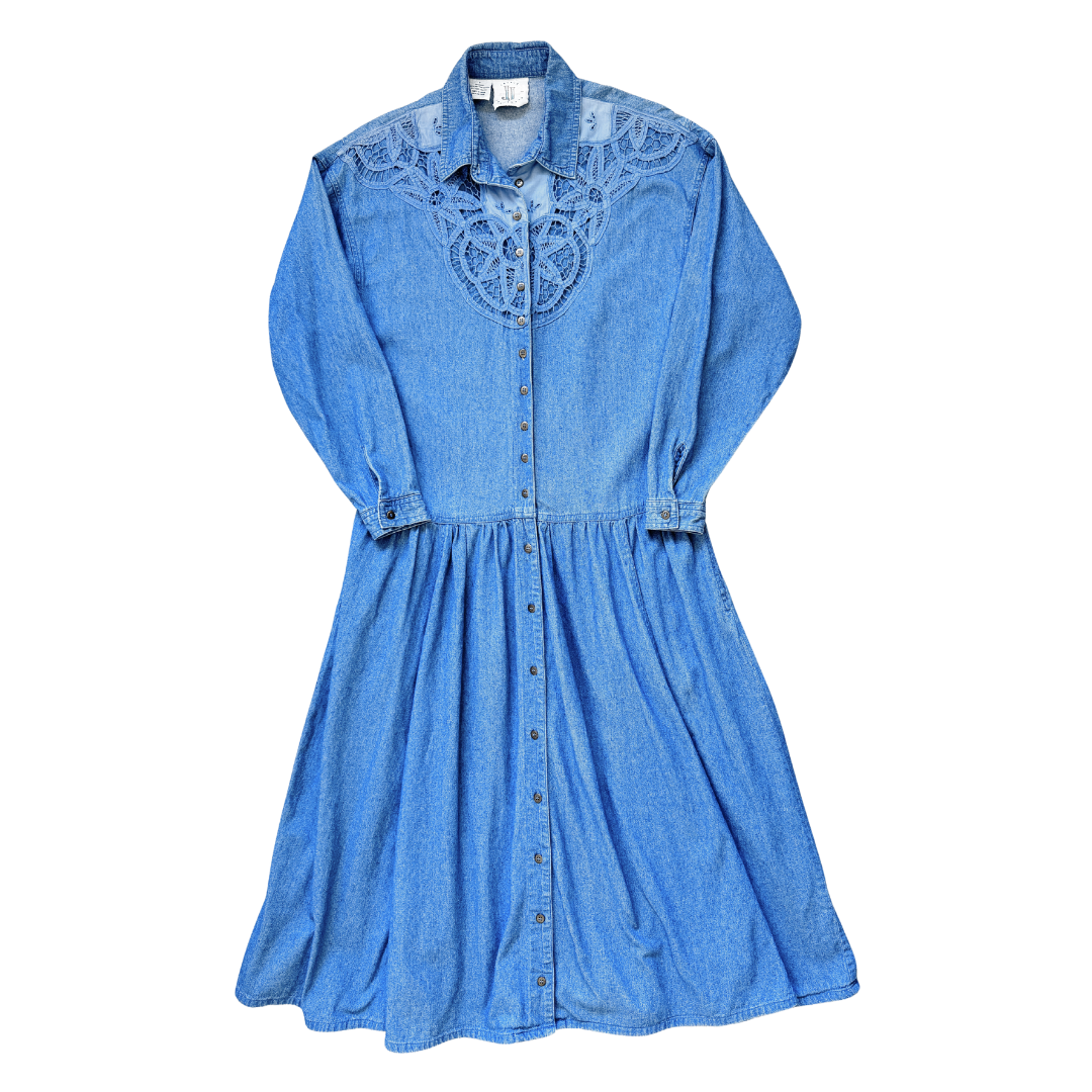 Vintage 1980s Jessie Jeanswear Denim Maxi Dress with Lace Applique | Medium-Large