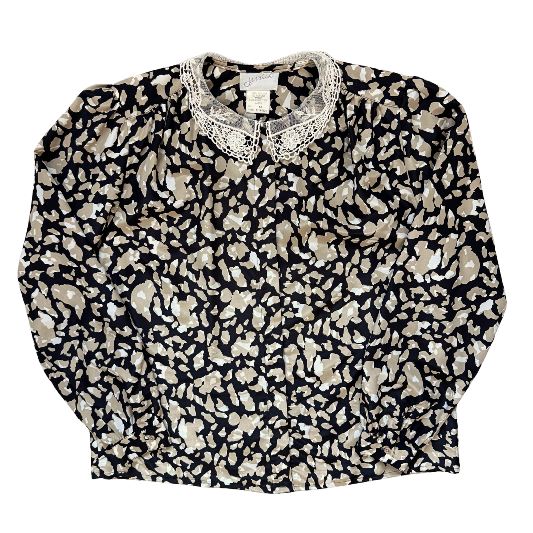 Vintage 1980s Jessica Abstract Leopard Print Blouse with Lace Collar | Large / Extra-Large
