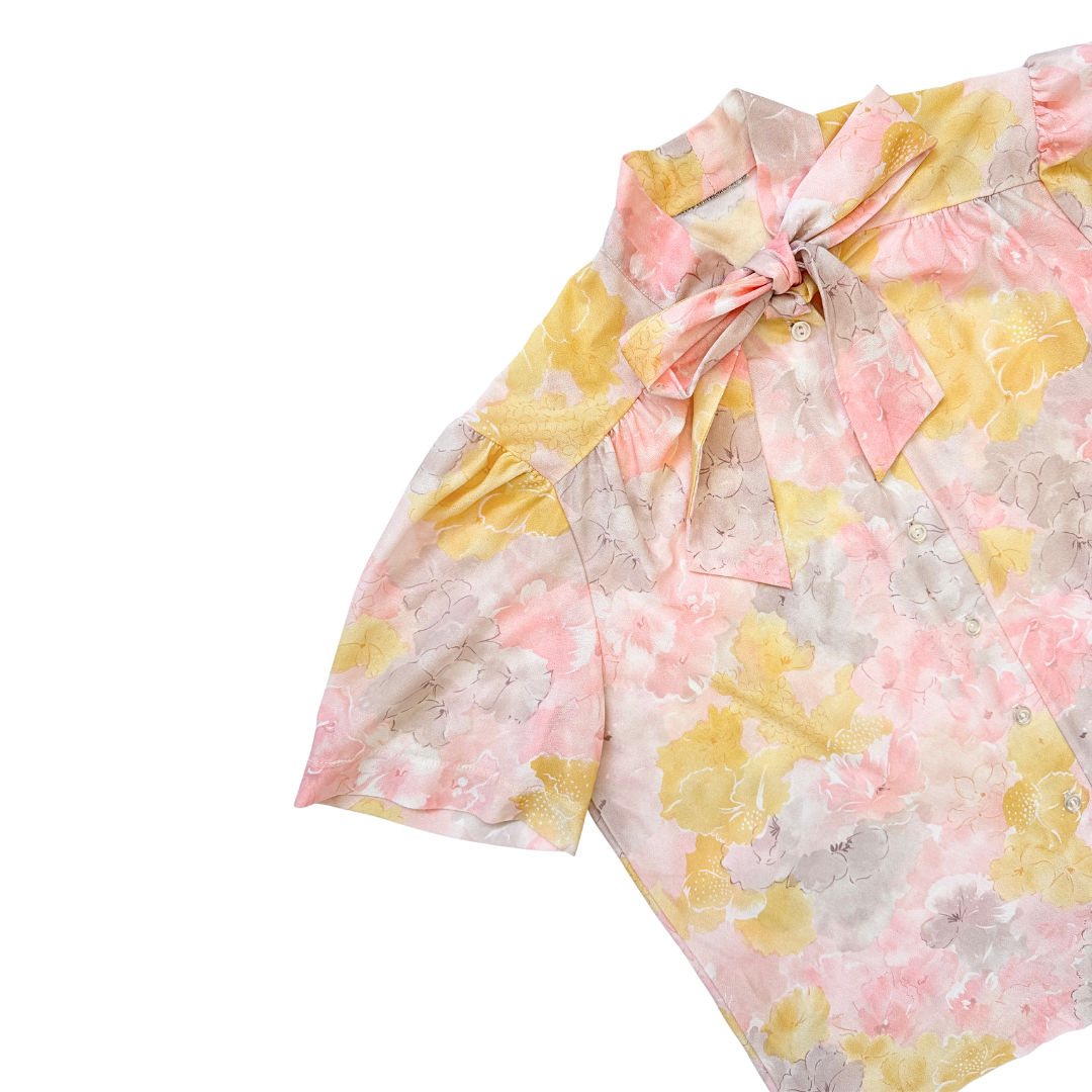 Pink and Yellow Pastel Floral Bow Collar Blouse | Large