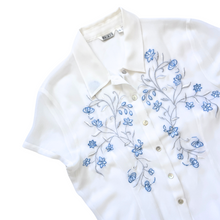Load image into Gallery viewer, Ricki&#39;s Sheer White Blouse w/ Blue Floral Embroidery | Medium-Large
