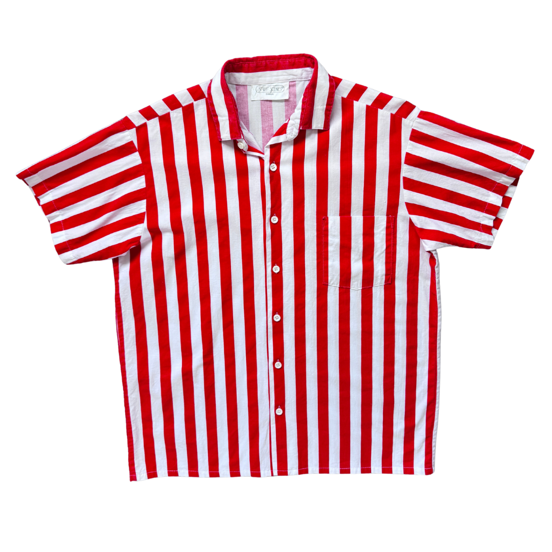 Vintage 1990s Men's Street Scenes Red and White Striped Buttoned Shirt | Medium