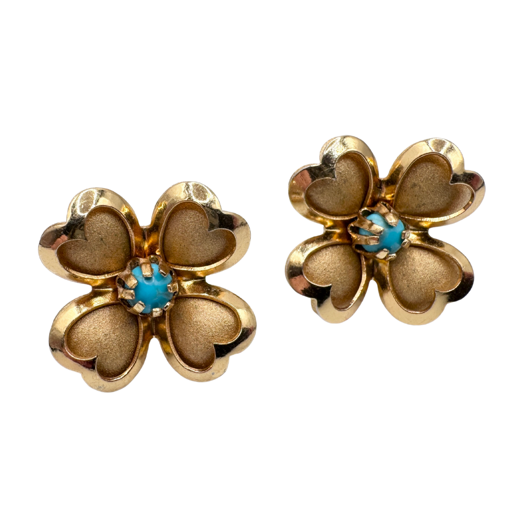 Coro Gold Plated Floral Stud Earrings with Turquoise Inlay | 1940s-1950s