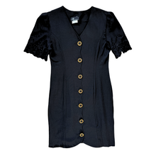 Load image into Gallery viewer, Vintage 1980s C.J. Selections Black Mini Dress with Gold Buttons and Embroidered Sleeves | Medium
