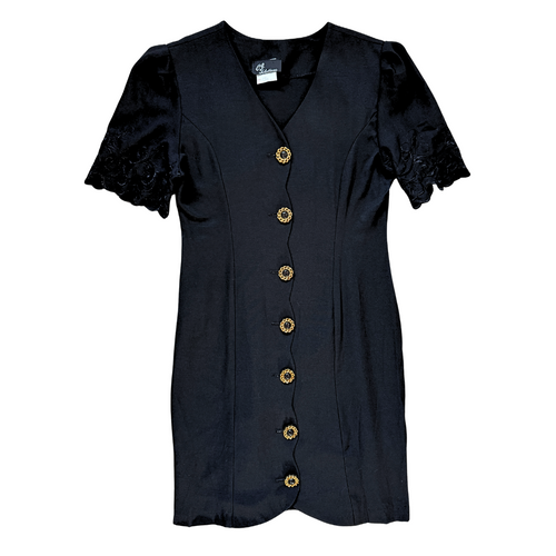 Vintage 1980s C.J. Selections Black Mini Dress with Gold Buttons and Embroidered Sleeves | Medium