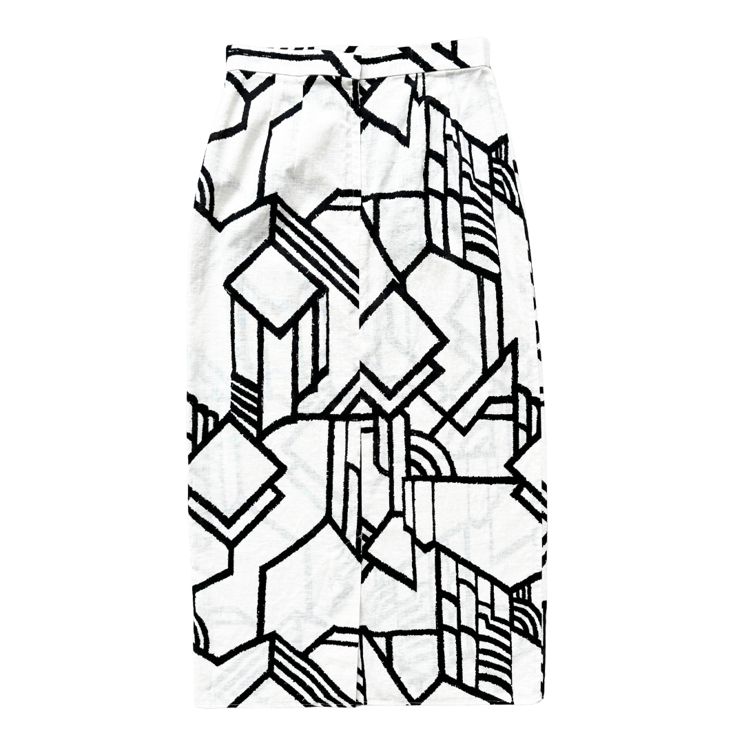 Black and Cream Bold Abstract Linen A-line Maxi Skirt | Medium