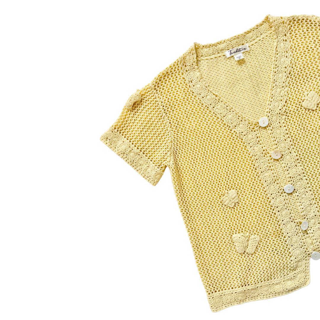 Tradition Yellow Crocheted Short Sleeve Butterfly Cardigan | Extra-Large