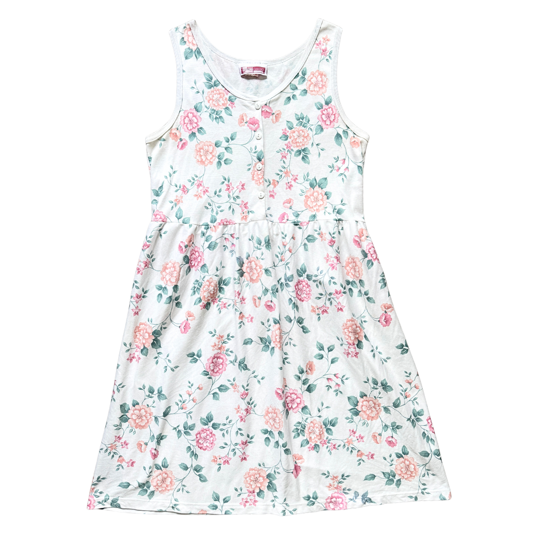 Vintage 1980s-1990s Functionals White Cotton Blend Skater Dress with Pink and Green Floral Pattern | XL / 2X