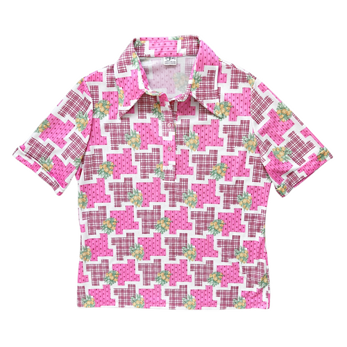Vintage 1970s TanJay Pink and Yellow Floral Polo Shirt | Medium