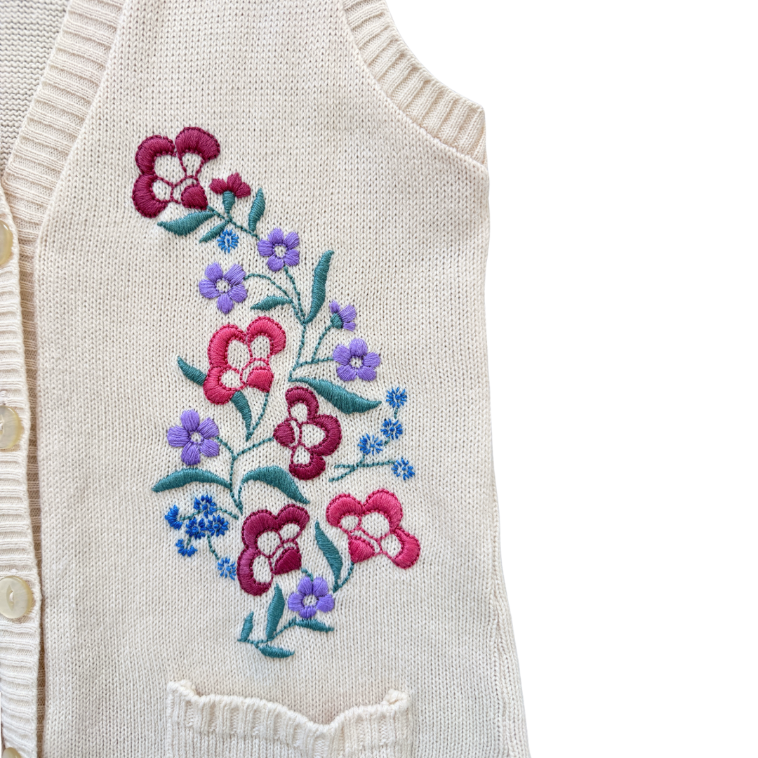 Up-cycled Hand Embroidered Vintage Wool Vest with Pastel Floral Embroidery | Small