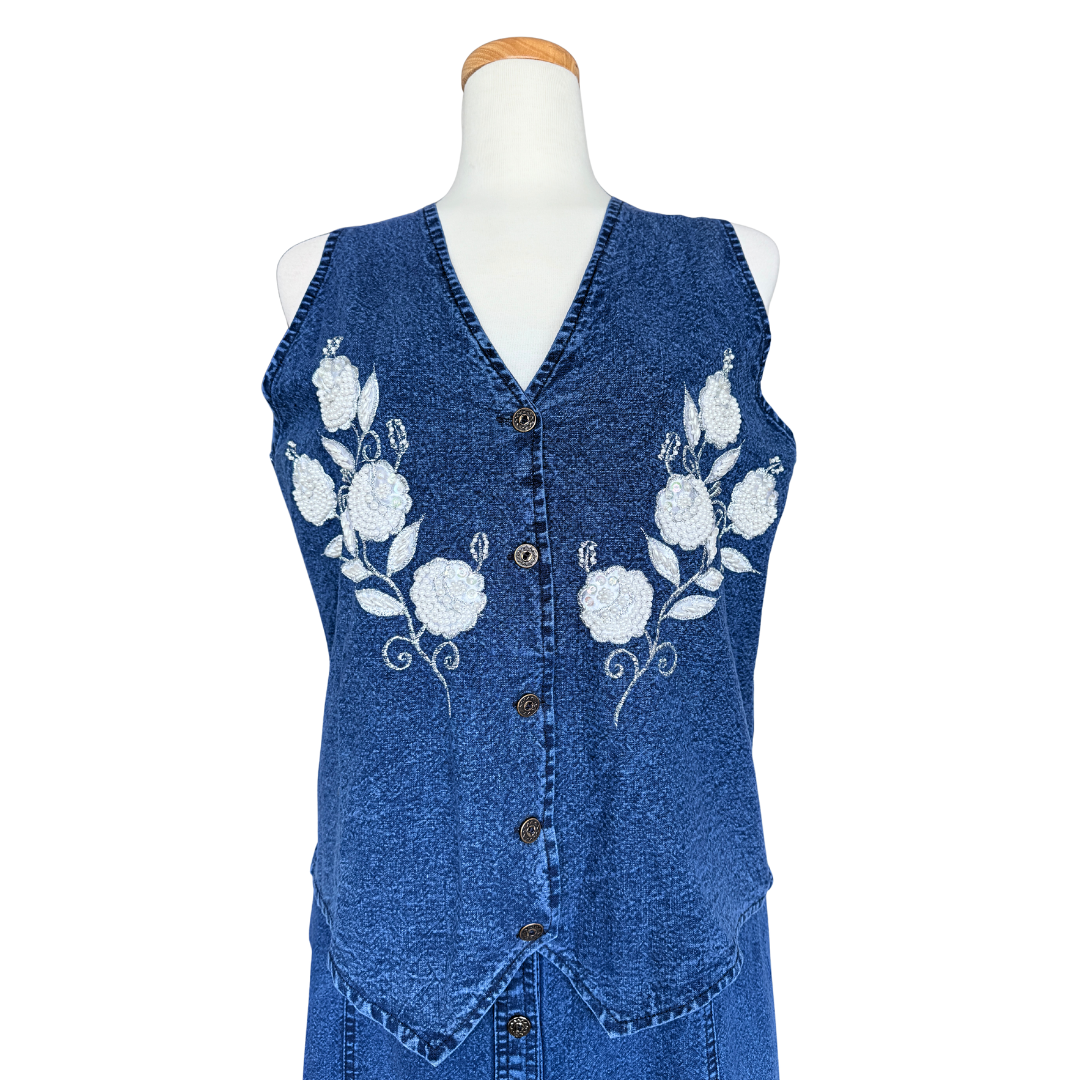 Jazzino Dark Denim Vest with Pearl Floral Applique | Small-Medium