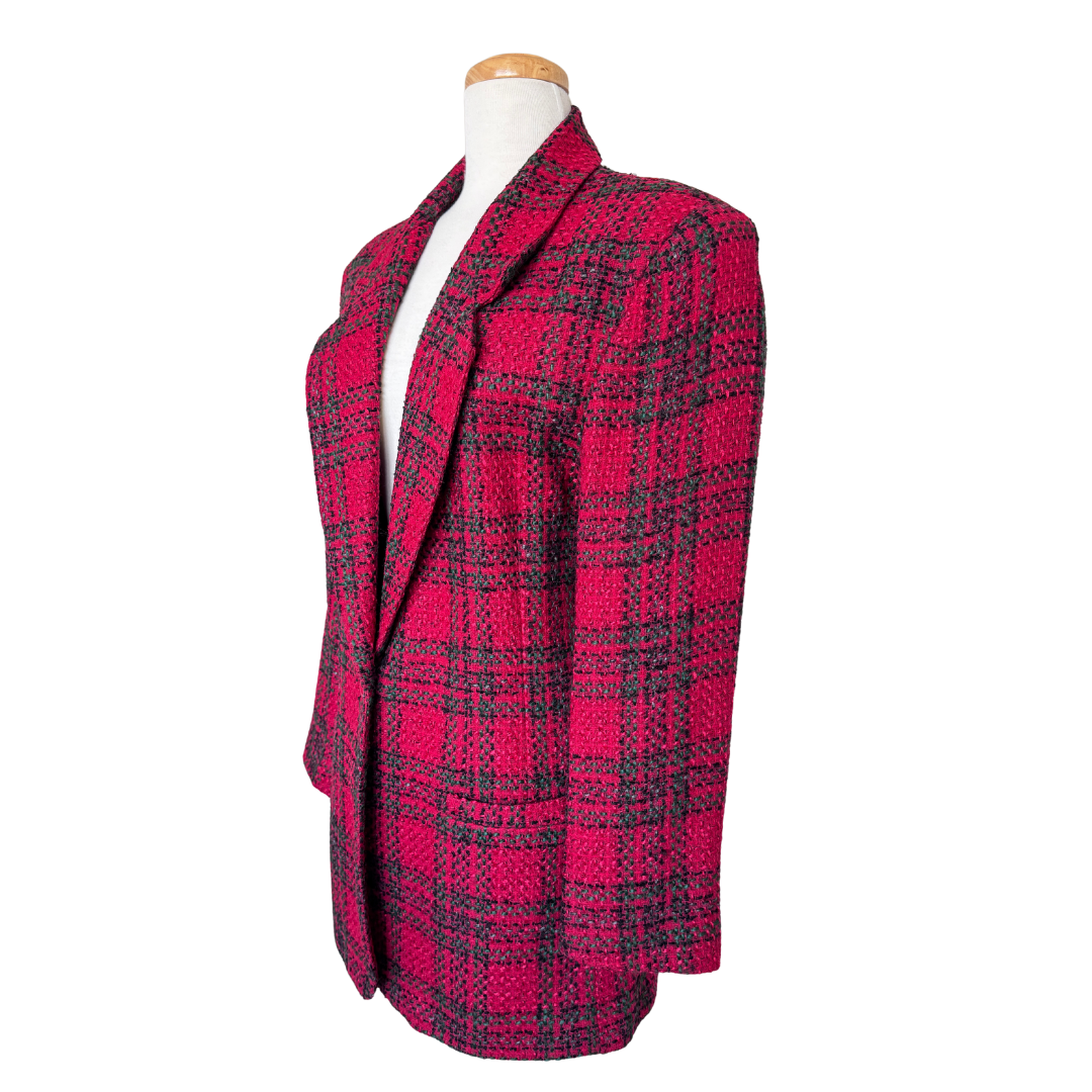 Diane Von Furstenberg Red Plaid Tweed Wool Blazer | Medium