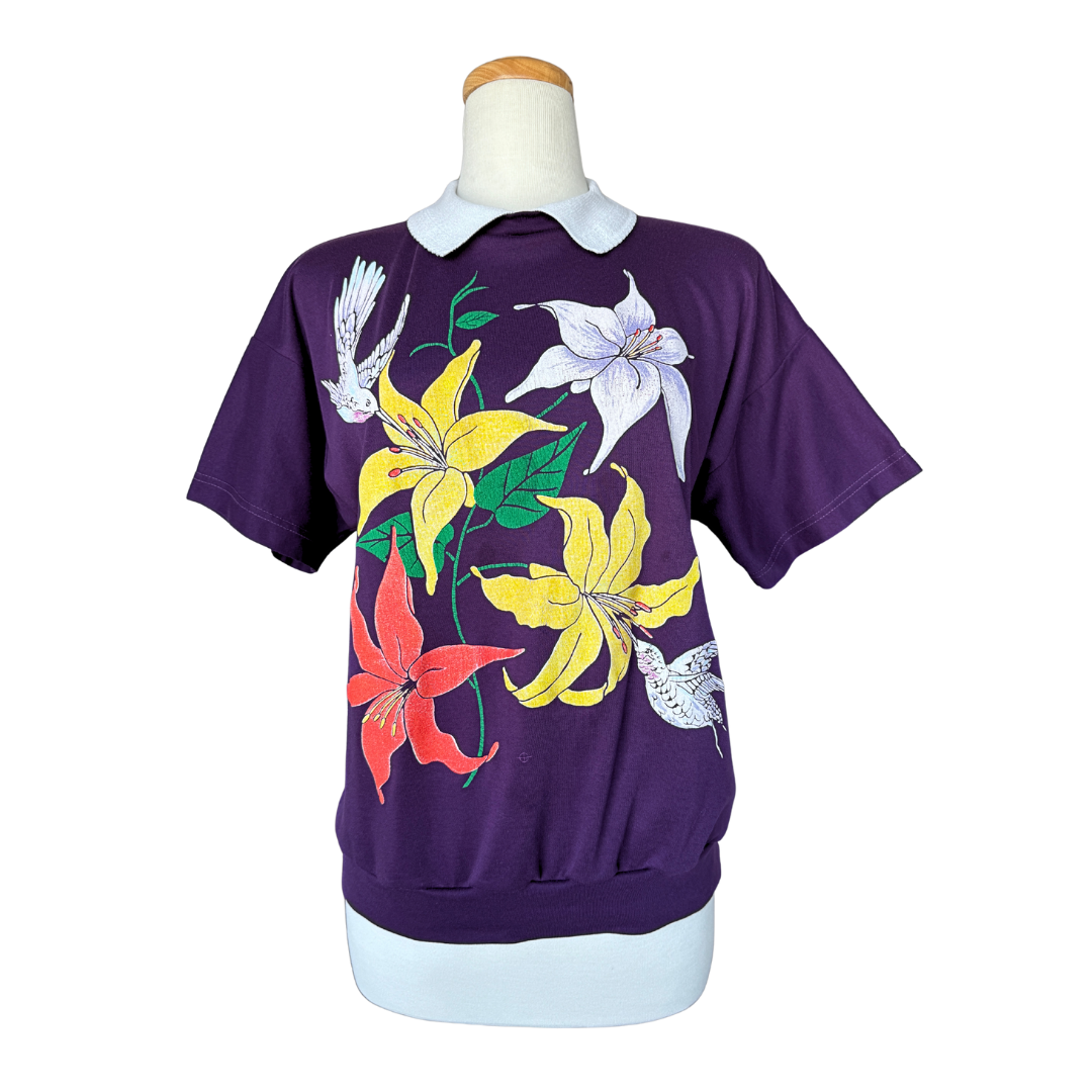 Jane Colby Purple Ruffle Collared Sweatshirt with Floral Graphic | Large