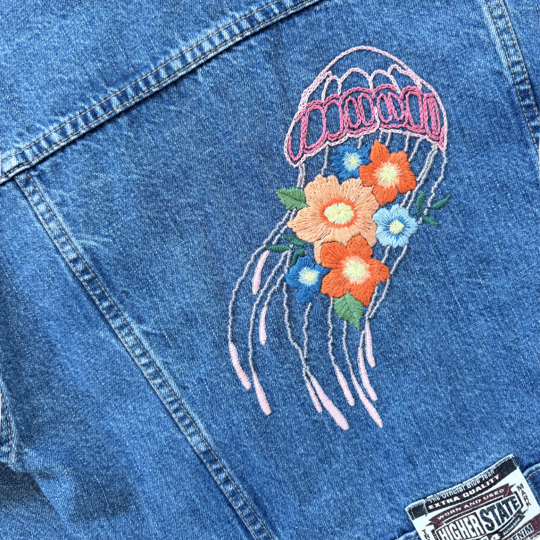 Up-cycled Hand Embroidered Jellyfish Denim Jacket | Medium