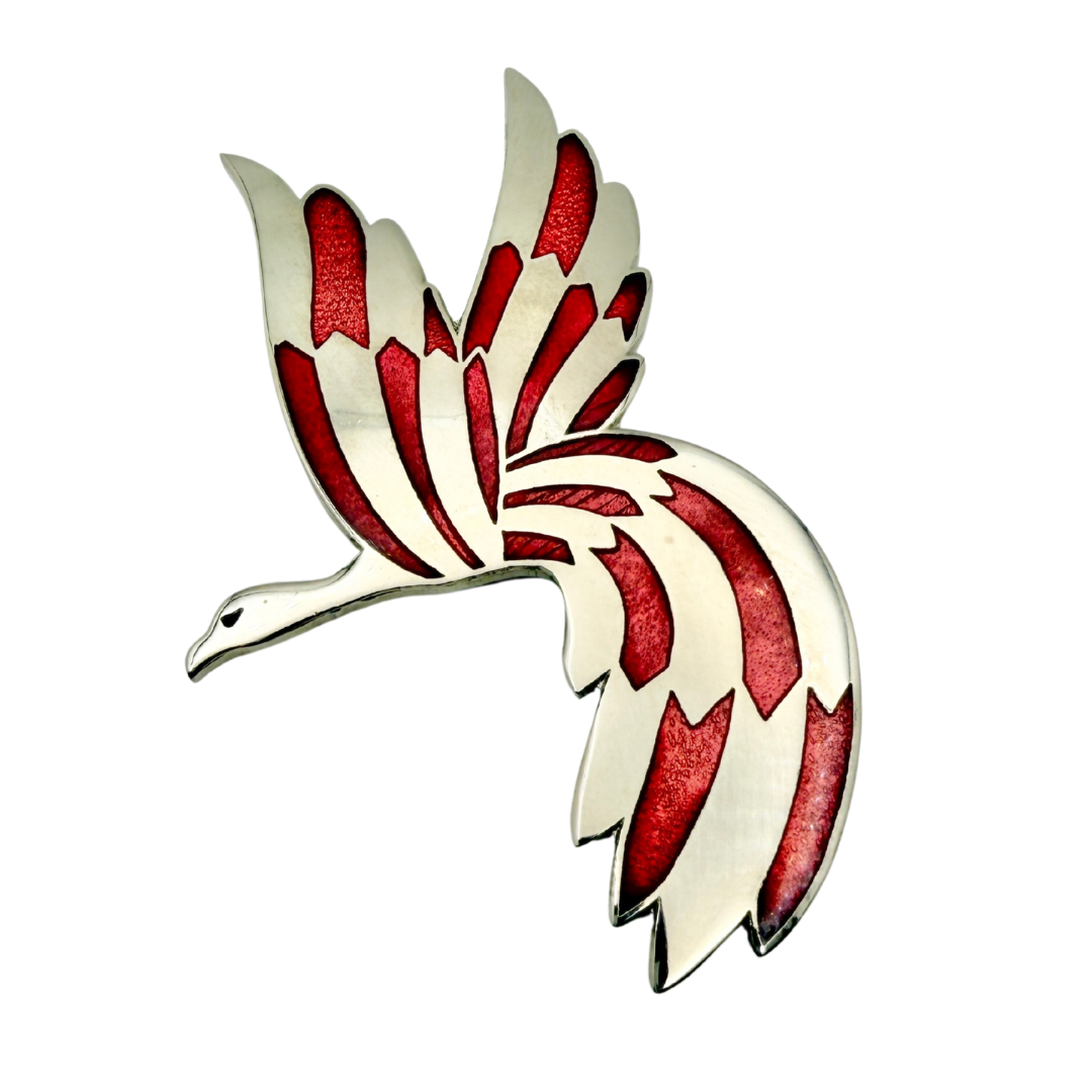Vintage 70s Rivest Modernist Silver-Tone and Red Enamel Phoenix Brooch
