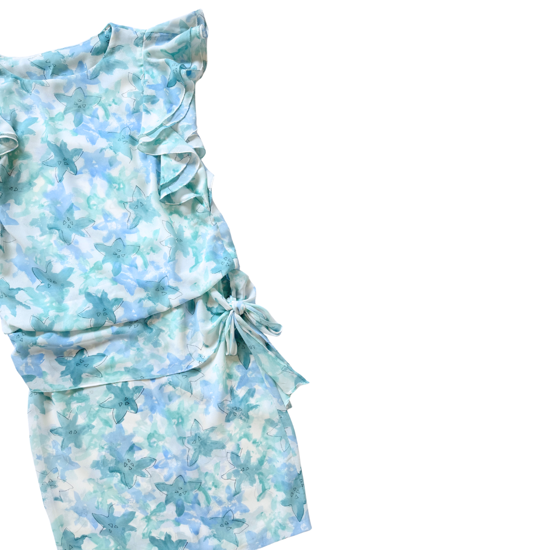 The House of Nu Mode Blue Floral Ruffle Dress | Medium