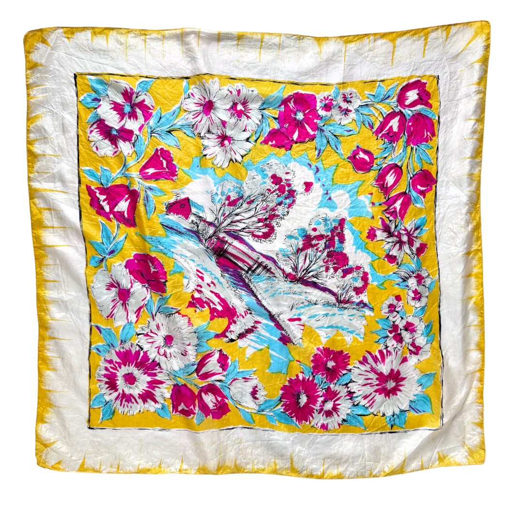 Vintage Pink/Blue/Yellow Floral Country Scene Square Scarf