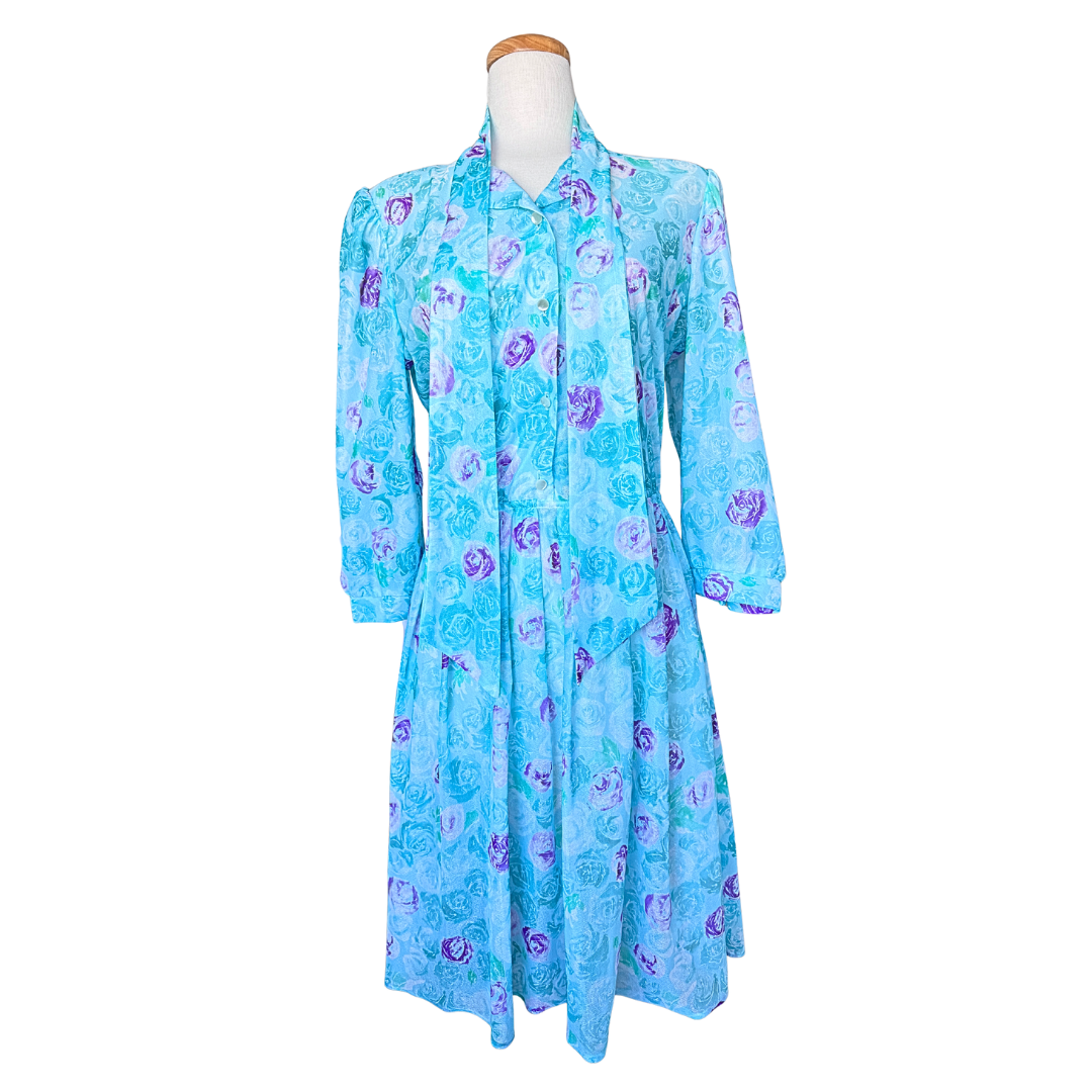 Tradition Sheer Blue and Purple Floral Print and Faux Tie Collar | Medium