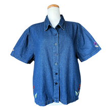 Load image into Gallery viewer, EastWest Denim Blouse with Tulip Applique | 2X
