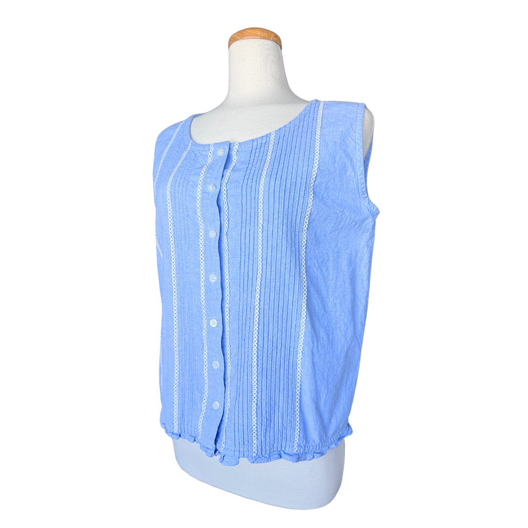 Authentic Chic Baby Blue Pleated Cotton Blouse with Lace Trim | Medium-Large