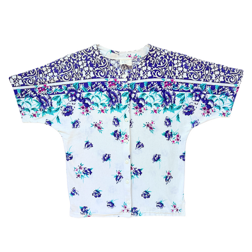 Vintage 1980s-1990s Original K.T.S Classic Floral Print Cotton Blend Blouse | Large / Extra-Large