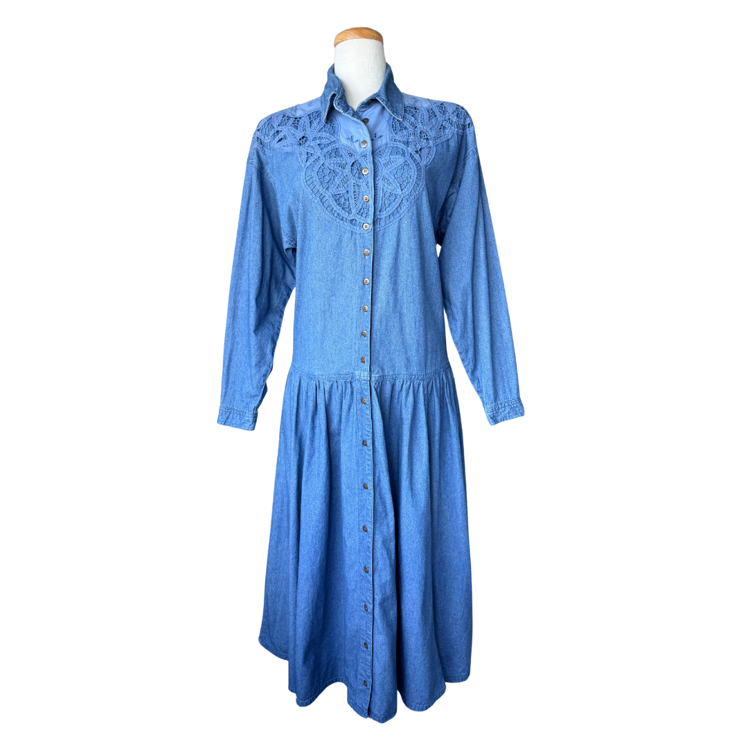 Vintage 1980s Jessie Jeanswear Denim Maxi Dress with Lace Applique