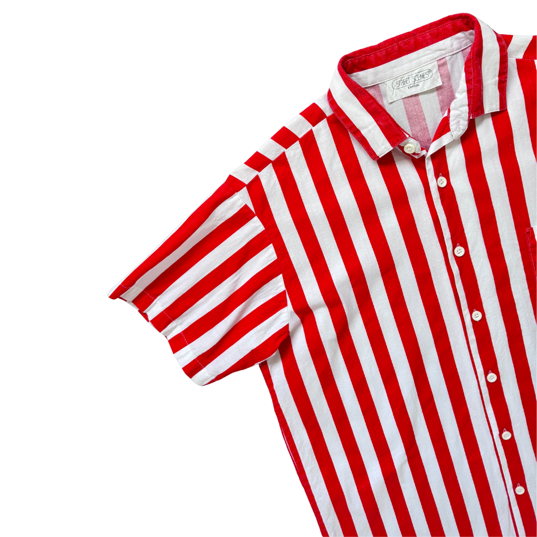 Men's Street Scenes Red and White Striped Buttoned Shirt | Medium