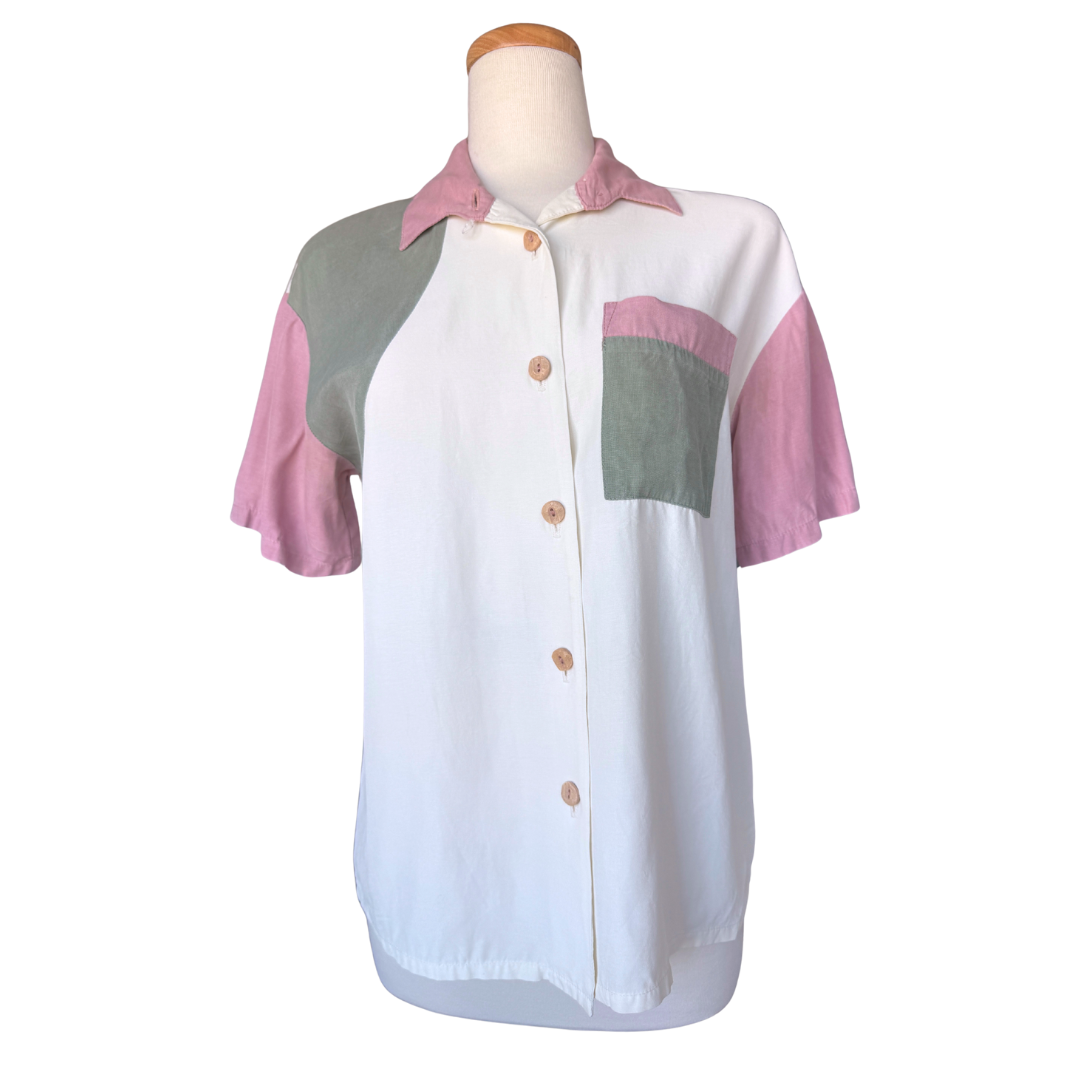 EmblemPink and Green Colour Block Buttoned Shirt | Small-Medium