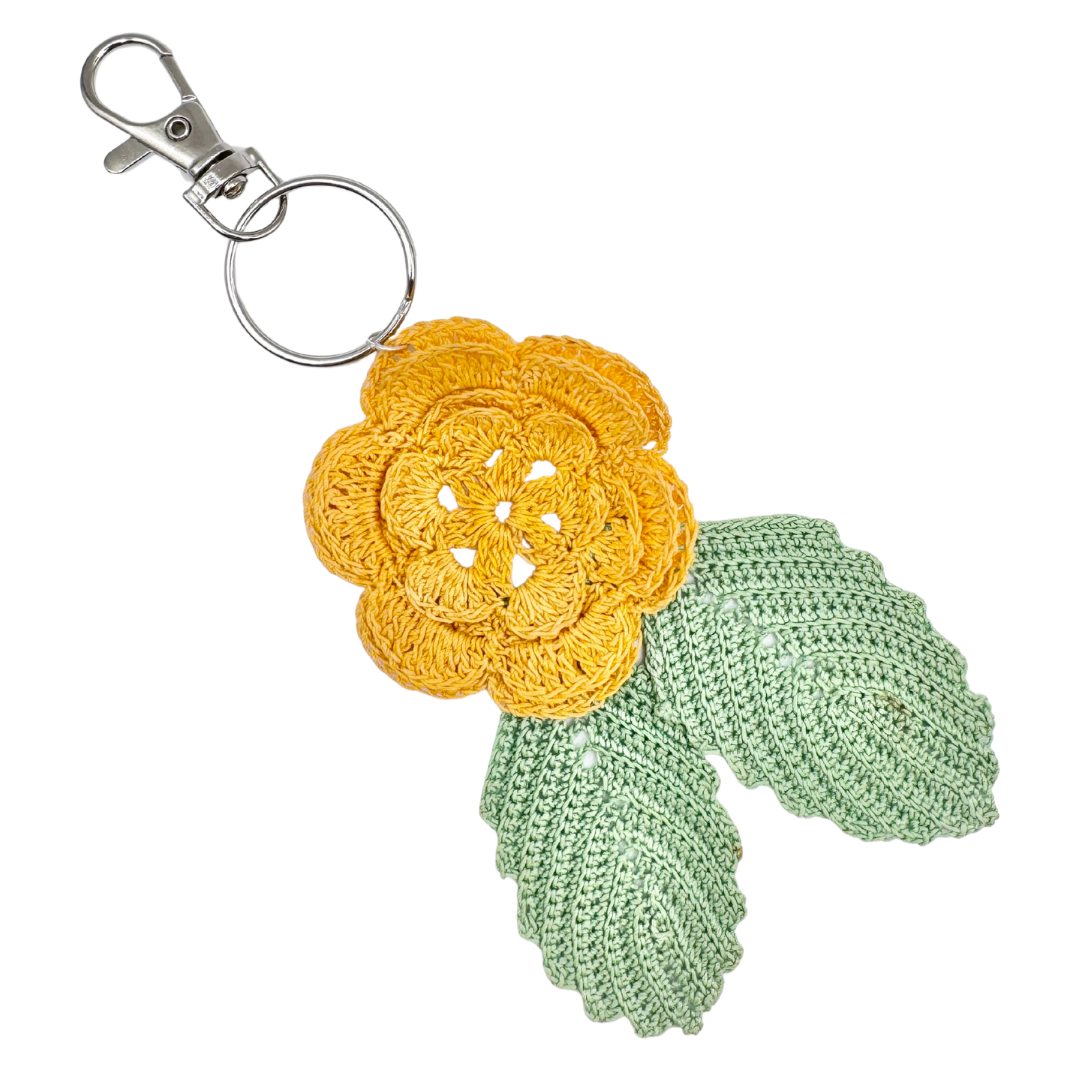 Recycled Yellow Rose and Leaves Crocheted Doilie Keychain/Purse Charm
