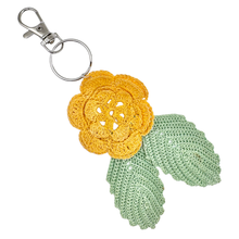 Load image into Gallery viewer, Recycled Yellow Rose and Leaves Crocheted Doilie Keychain/Purse Charm
