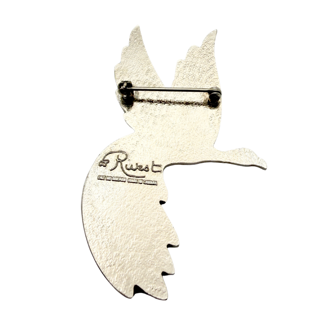 70s Rivest Modernist Silver-Tone and Red Enamel Phoenix Brooch