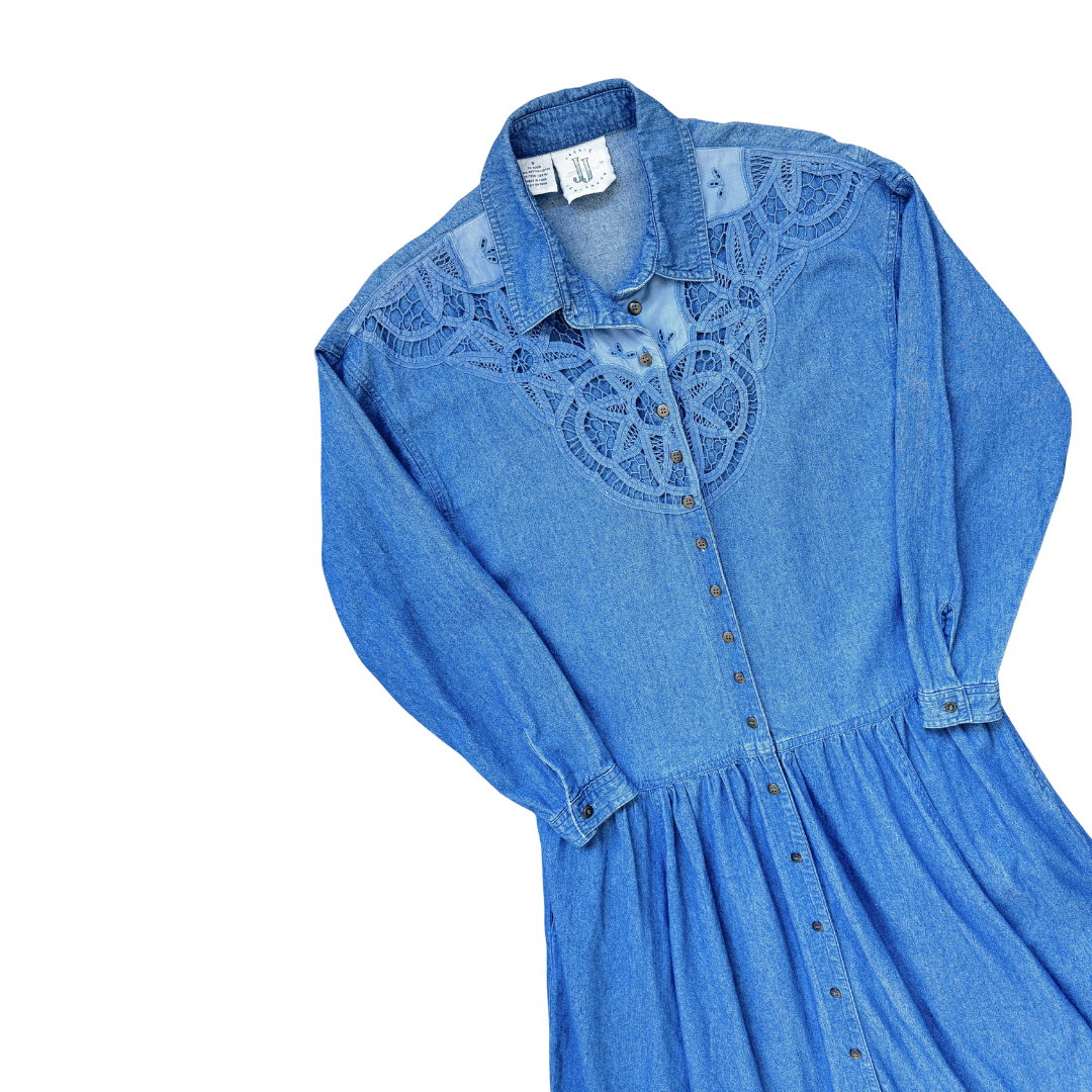 Jessie Jeanswear Denim Maxi Dress with Lace Applique | Medium-Large