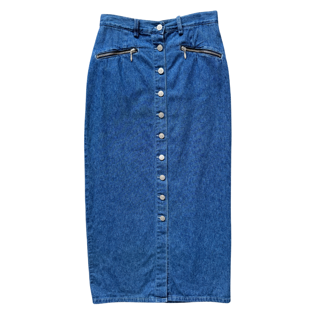 Vintage 1990s Easy Wear Denim Maxi Skirt with Zipper Pockets | Small