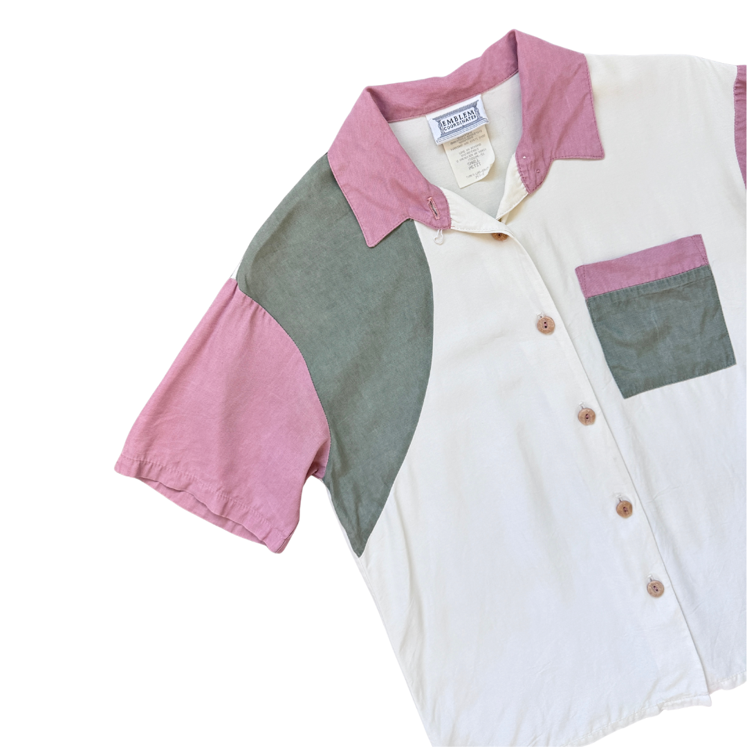 EmblemPink and Green Colour Block Buttoned Shirt | Small-Medium