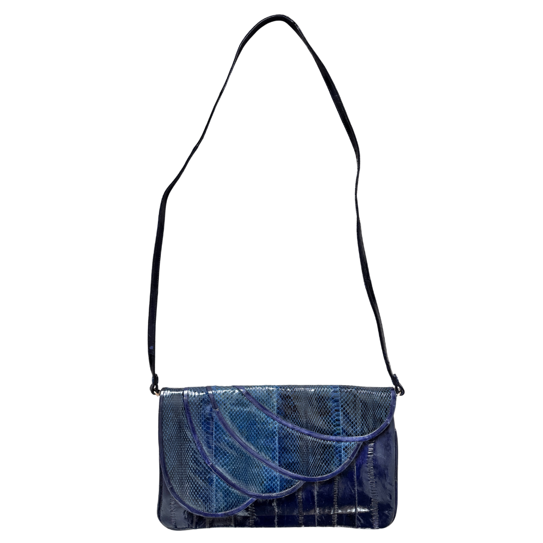 Vintage 80s Deep Blue Scalloped Eel Skin Purse