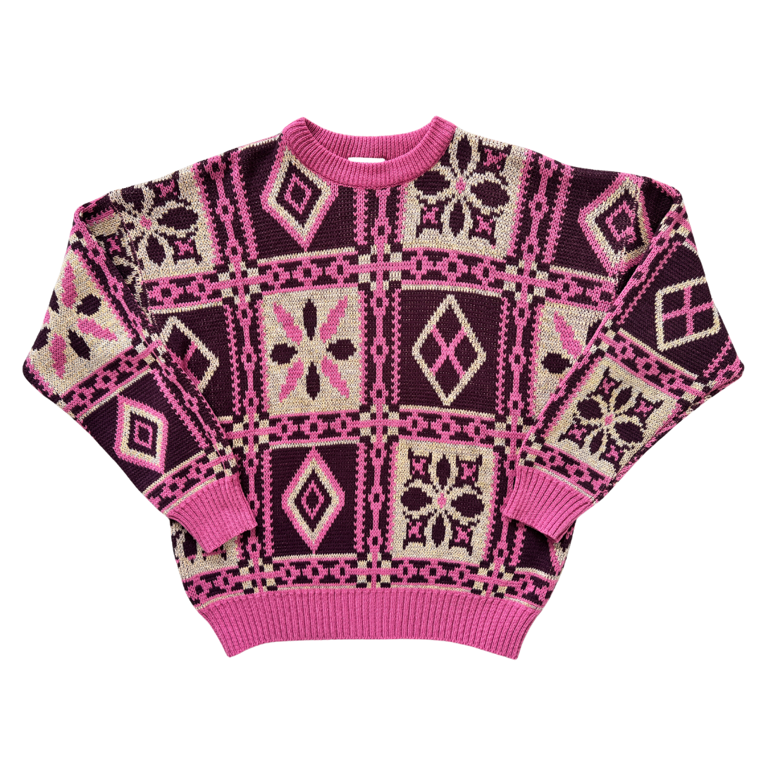 Vintage 90s Fii Pink and Gold Geometric Knit Sweater | Small-Medium
