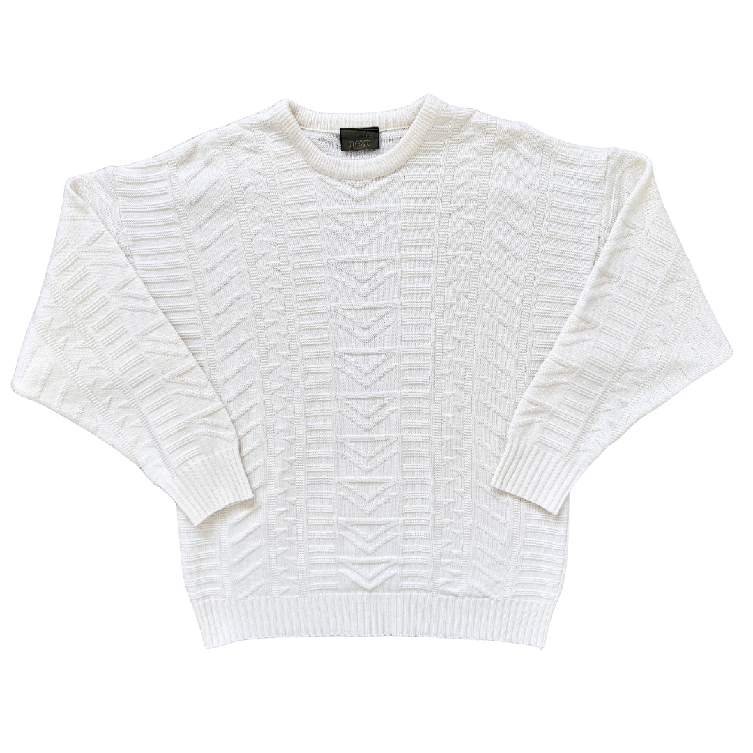 Vintage 1990s Next Britain White Geometric Knit Sweater | Large / Extra-Large