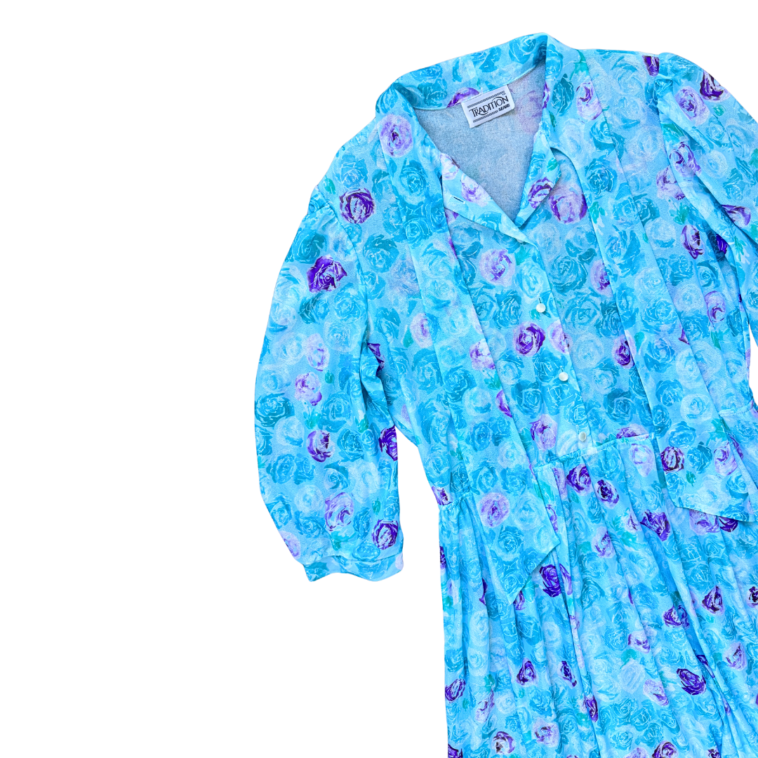 Tradition Sheer Blue and Purple Floral Print and Faux Tie Collar | Medium