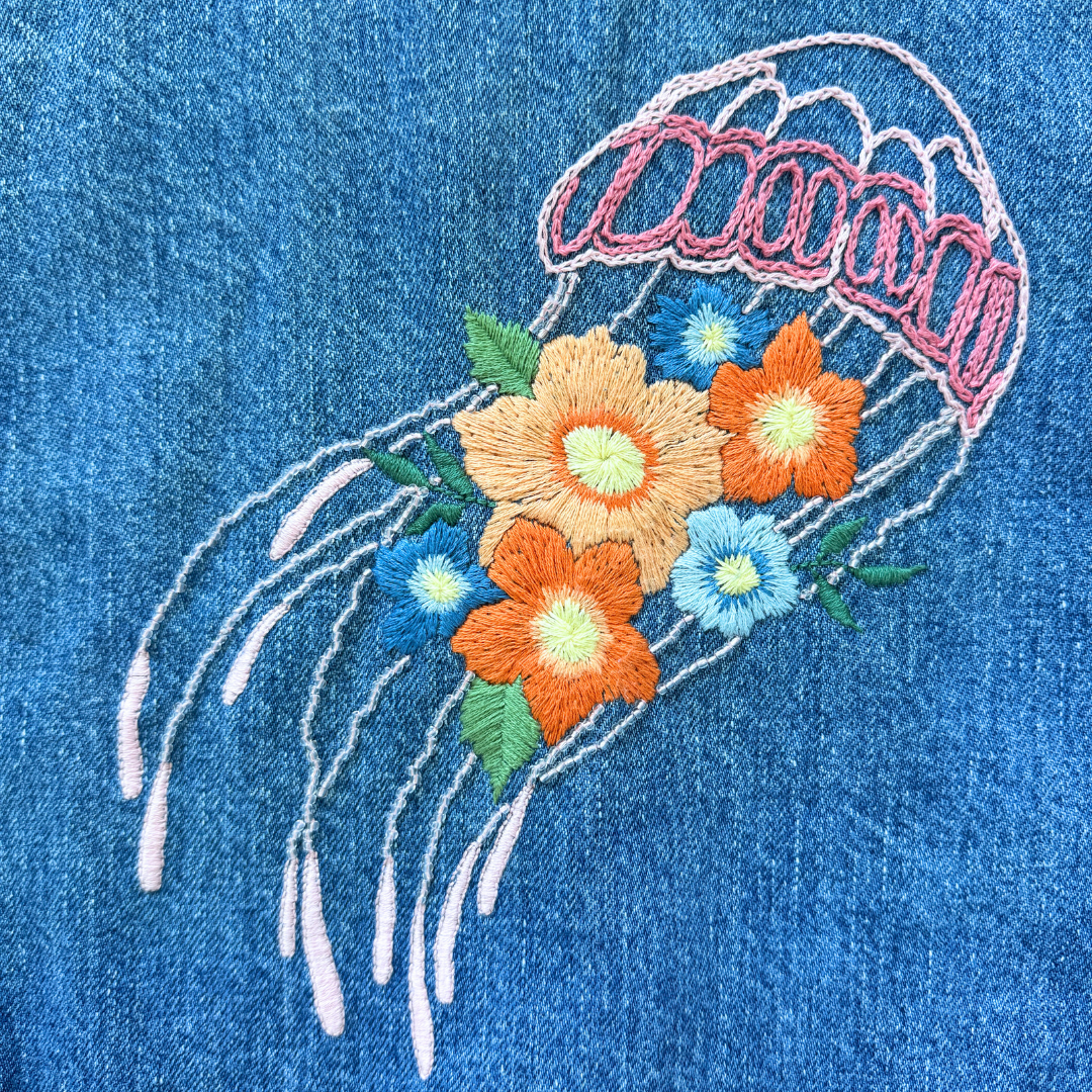 Up-cycled Hand Embroidered Jellyfish Denim Jacket | Medium