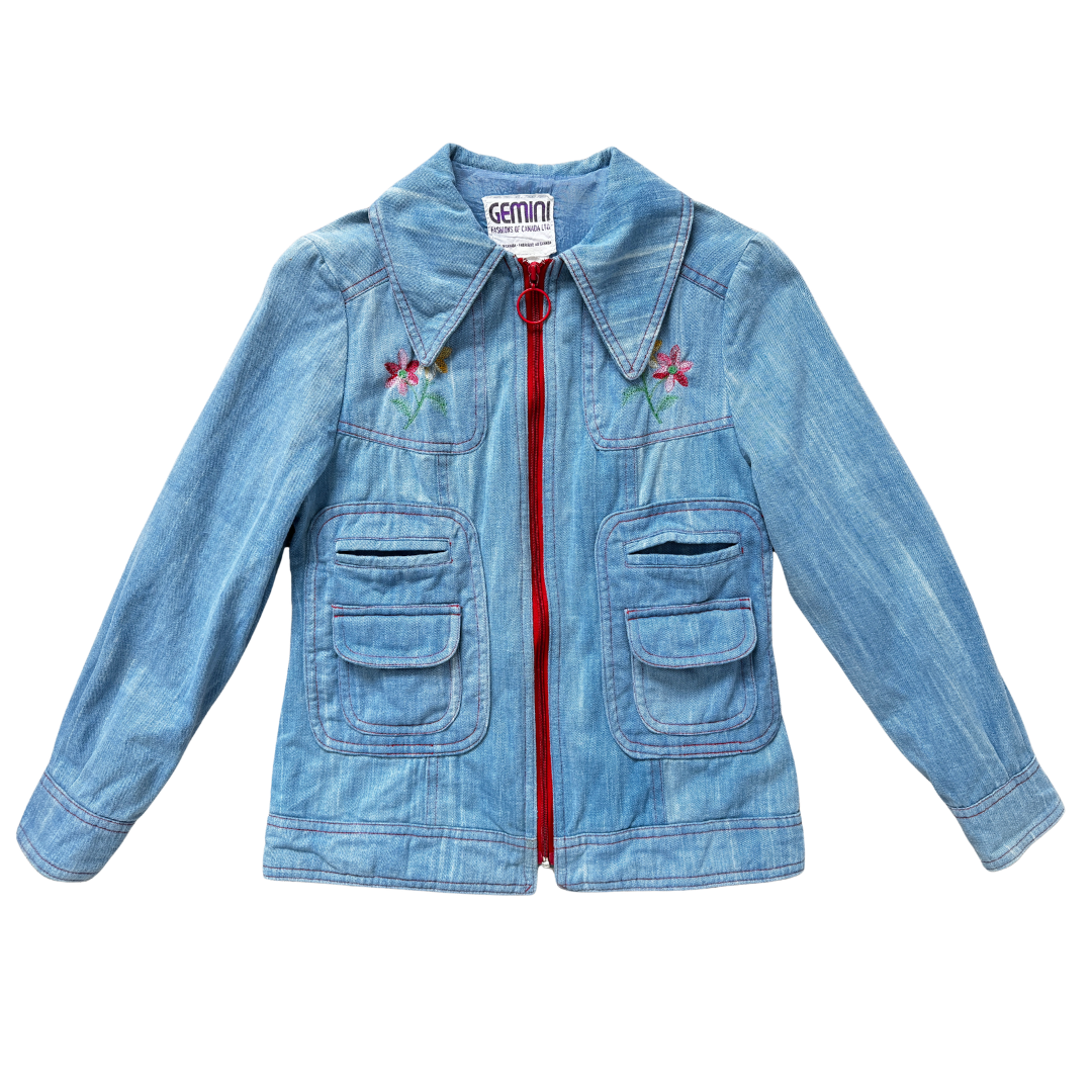 Vintage 70s Gemini Fashions of Canada Floral Embroidered Denim Jacket | Small
