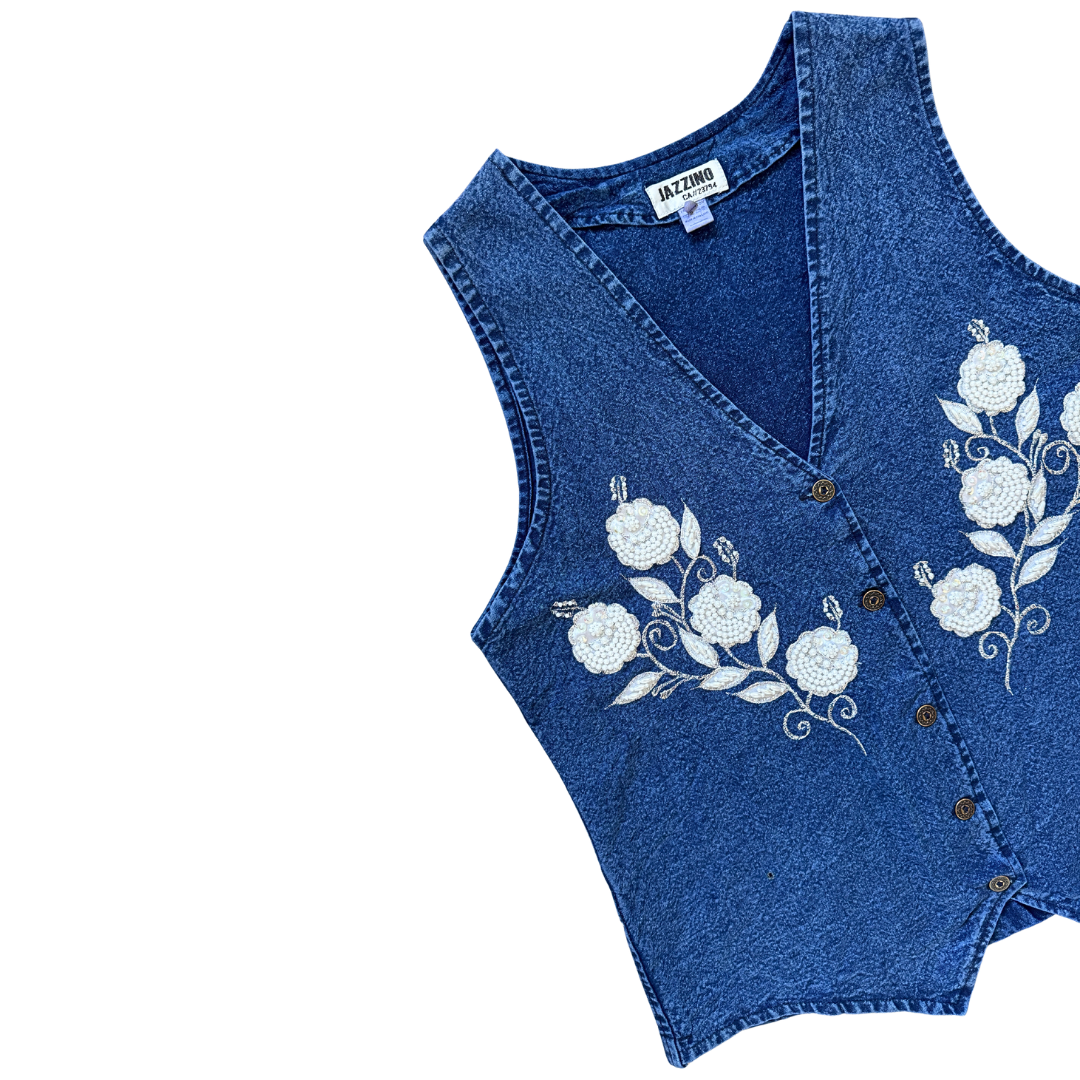 Jazzino Dark Denim Vest with Pearl Floral Applique | Small-Medium