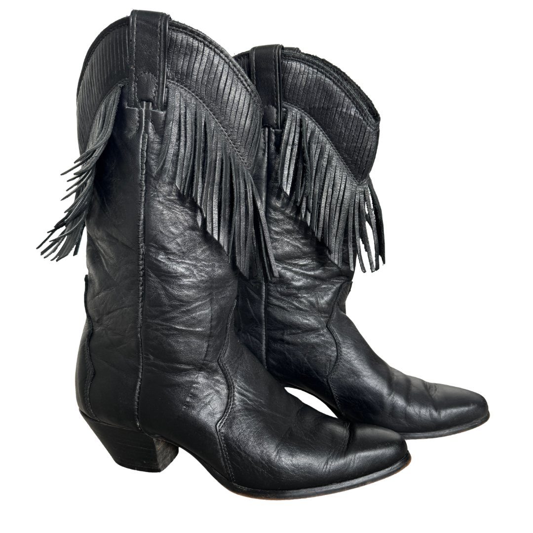 Vintage 80s-90s Laredo Black Leather Fringe Boots | 8